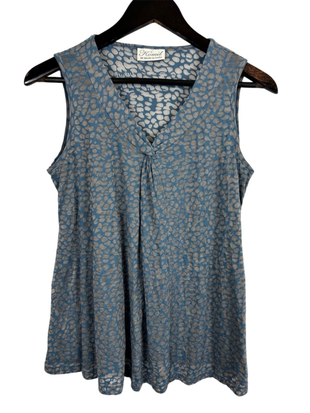 Komil India Blue Patterned Sleeveless V-Neck Top Size Medium
